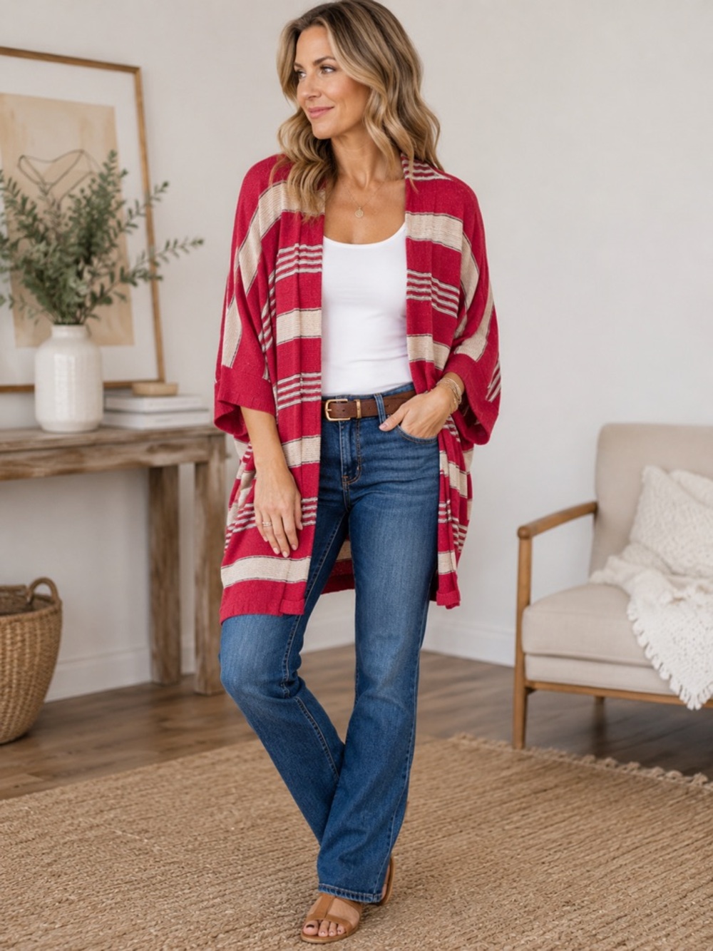 Lauren Ralph Lauren Red & Cream Striped Open Front Cardigan Sweater